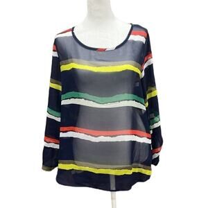 Peace Love Cream Shirt Women large Blouse Blue Sheer Stripes Boho Bold‎